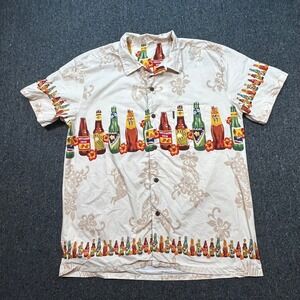 Palmwave Button‎ Up Shirt Mens 2XL Cream Tropical Beer Bottle Print Hawaiian